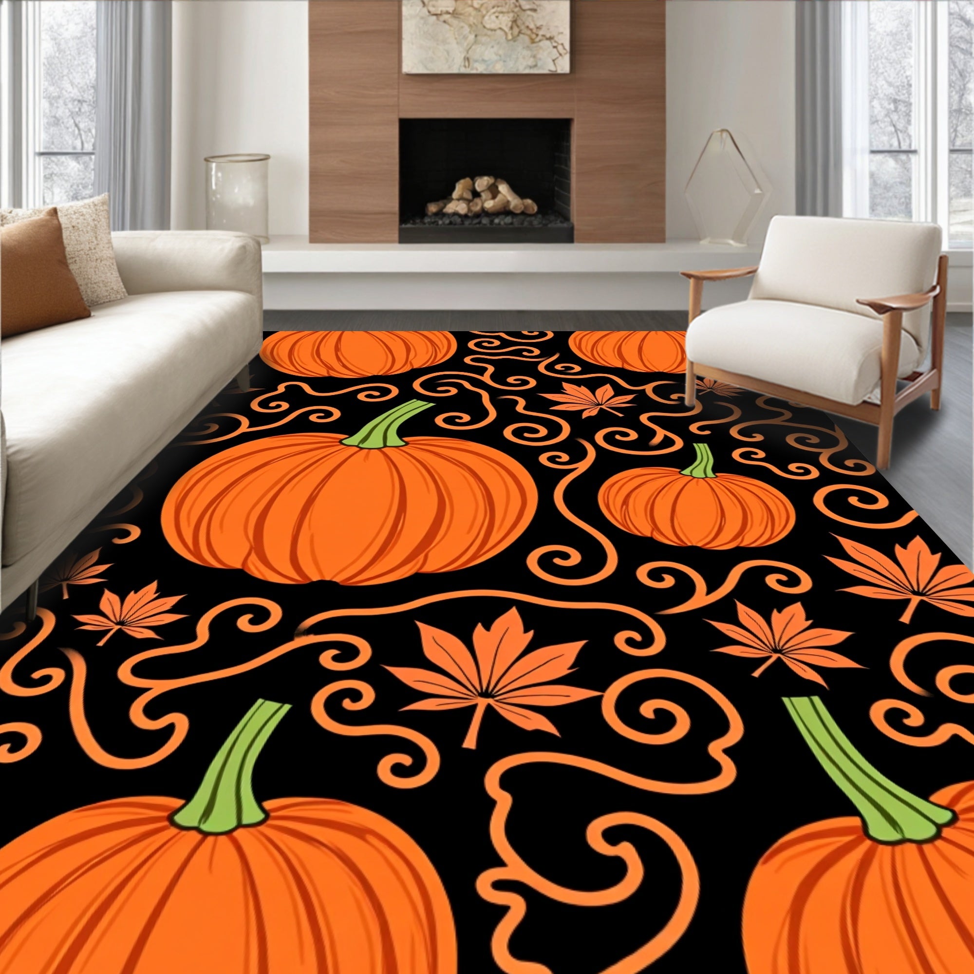 Orange Pumpkin Squash Black Swirls Leaves Rug