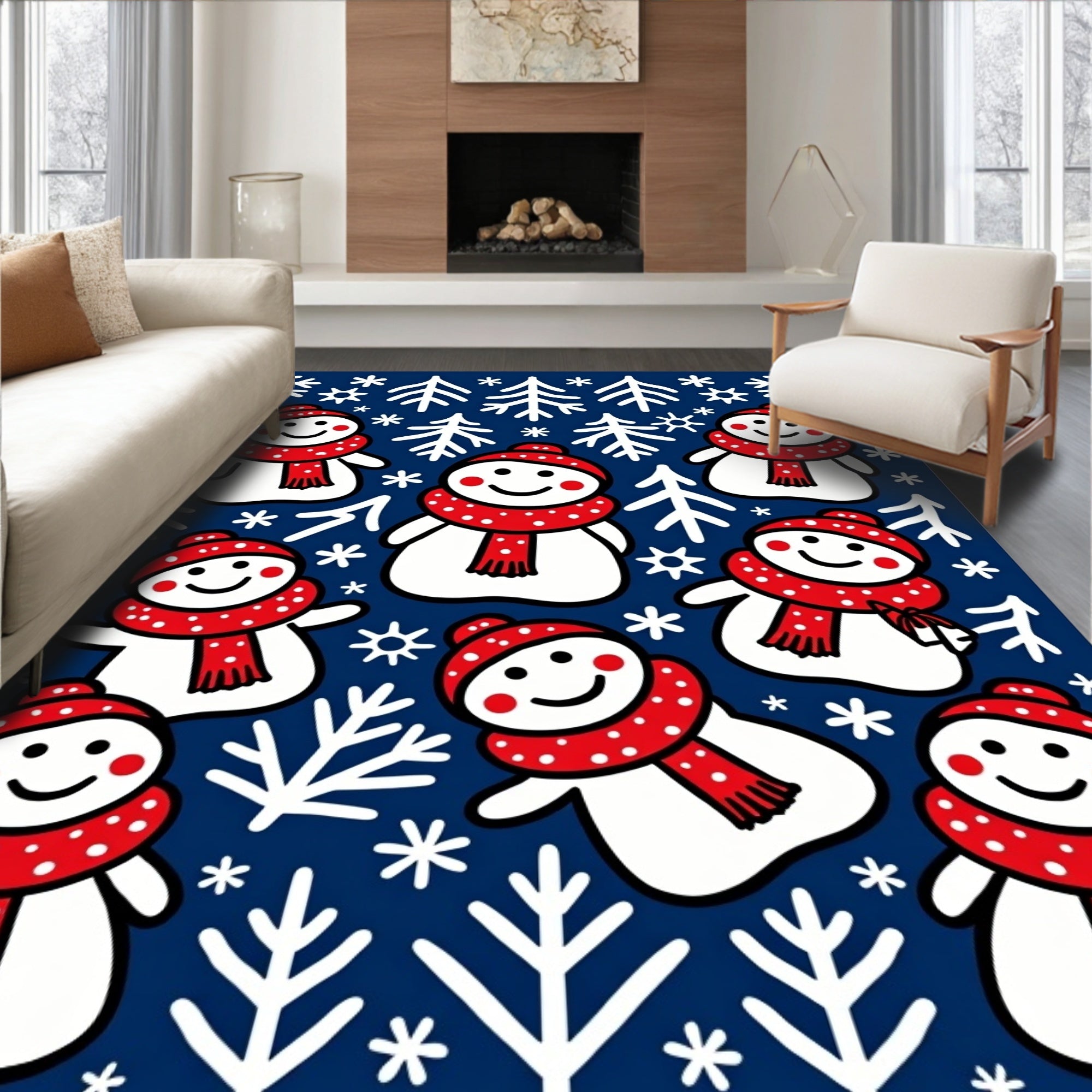 Whimsical Snowman Red Scarf Navy Field Rug