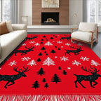 Crimson Reindeer Snowflake Forest Scene Rug