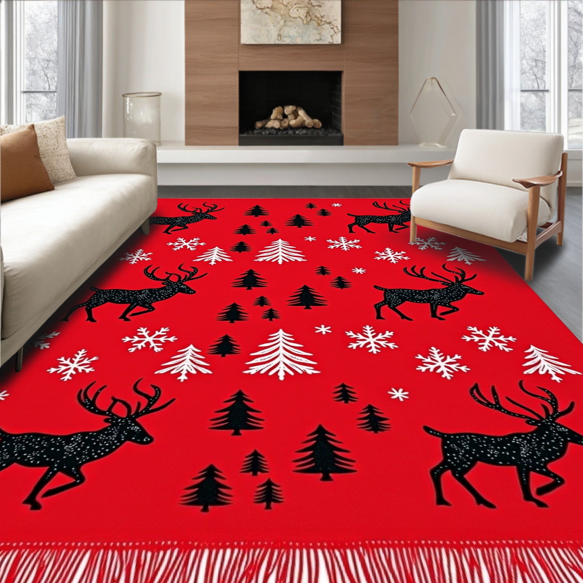 Crimson Reindeer Snowflake Forest Scene Rug