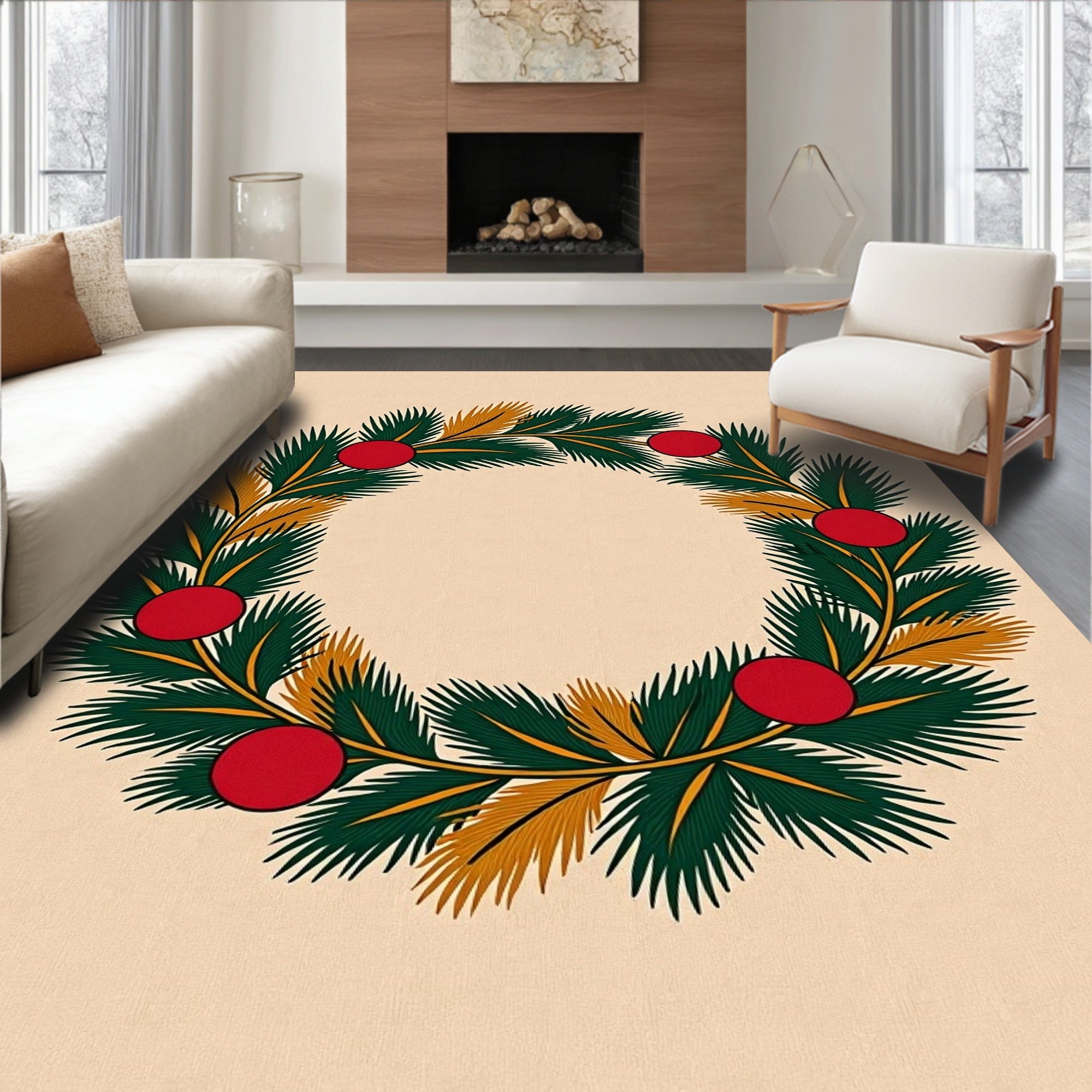 Festive Green Fir Red Sphere Wreath Rug