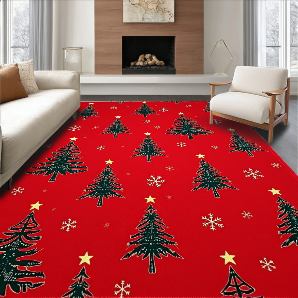 Festive Red Christmas Tree Snowflake Rug
