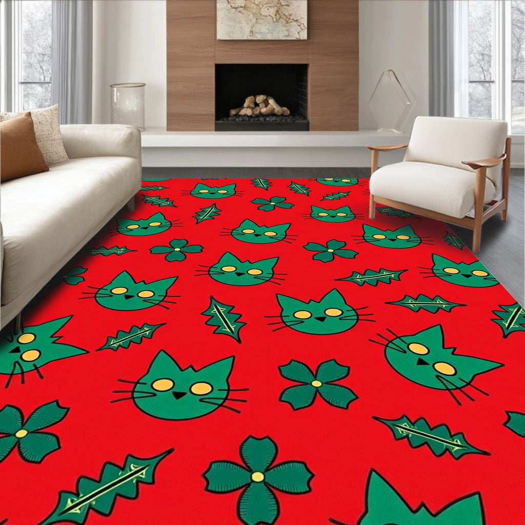 Green Cat Faces Holly Leaves Red Background Rug