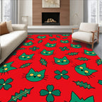 Green Cat Faces Holly Leaves Red Background Rug
