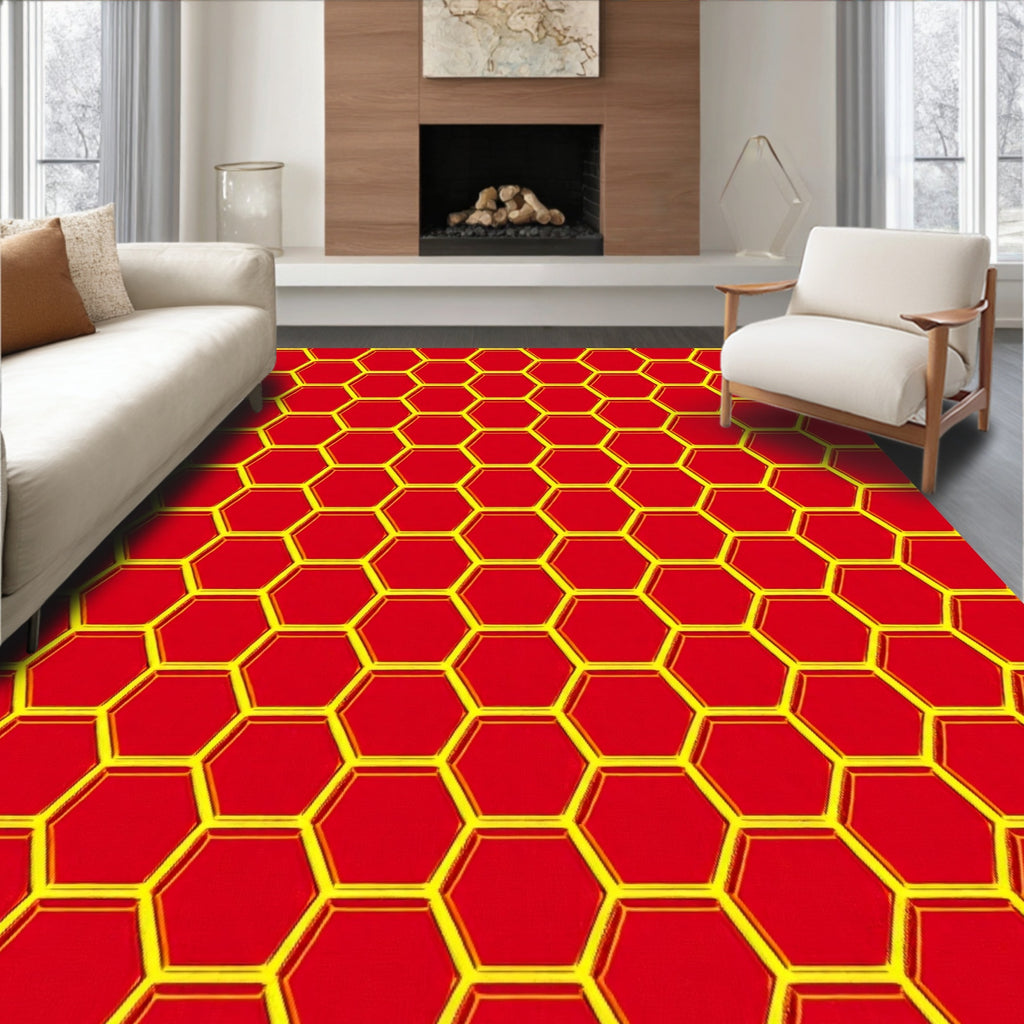 Bold Red Yellow Hexagon Grid Rug