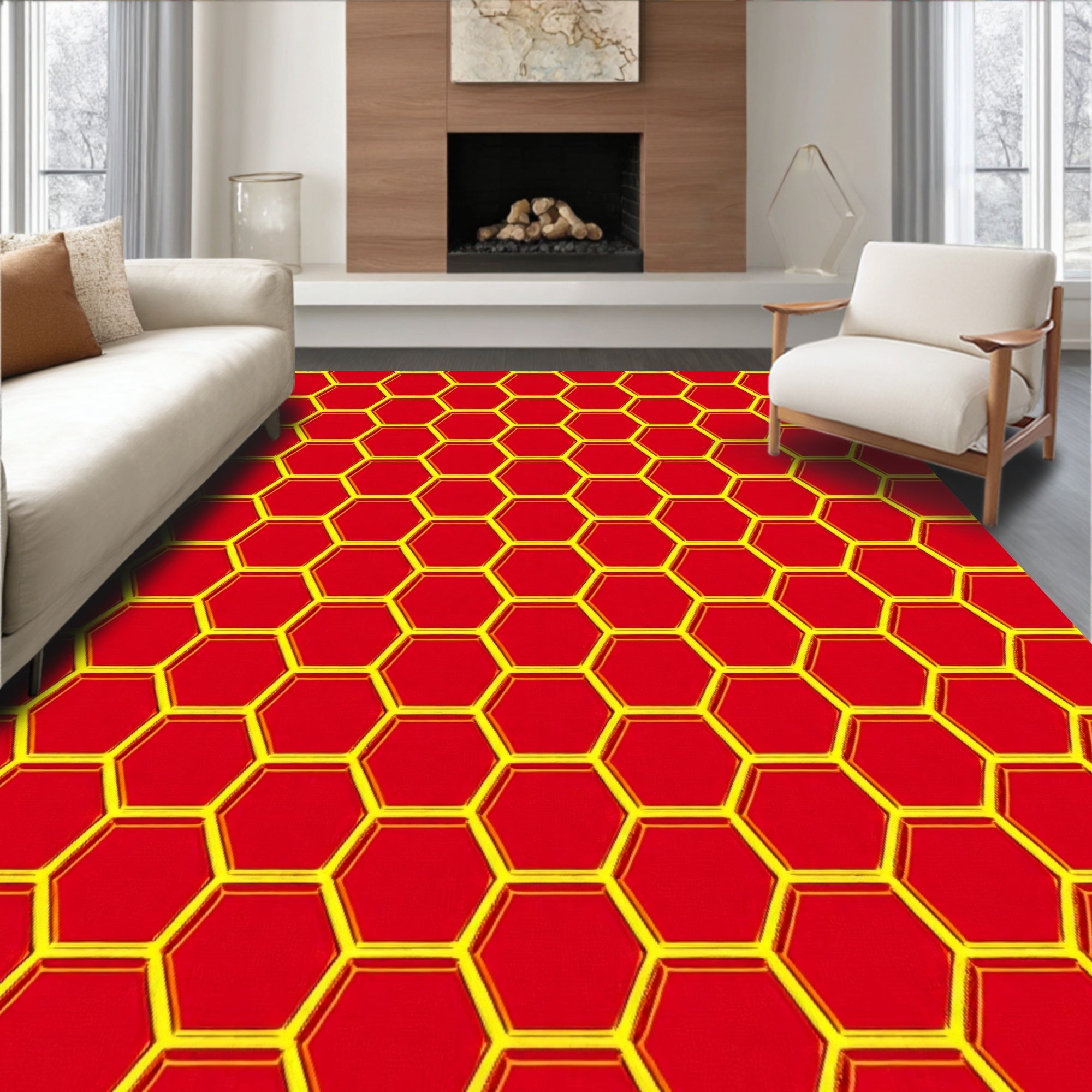 Bold Red Yellow Hexagon Grid Rug