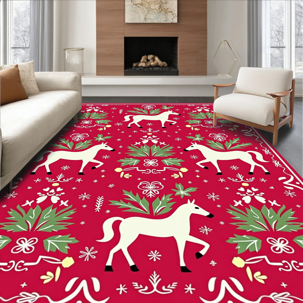 Red White Horse Garden Folk Art Rug