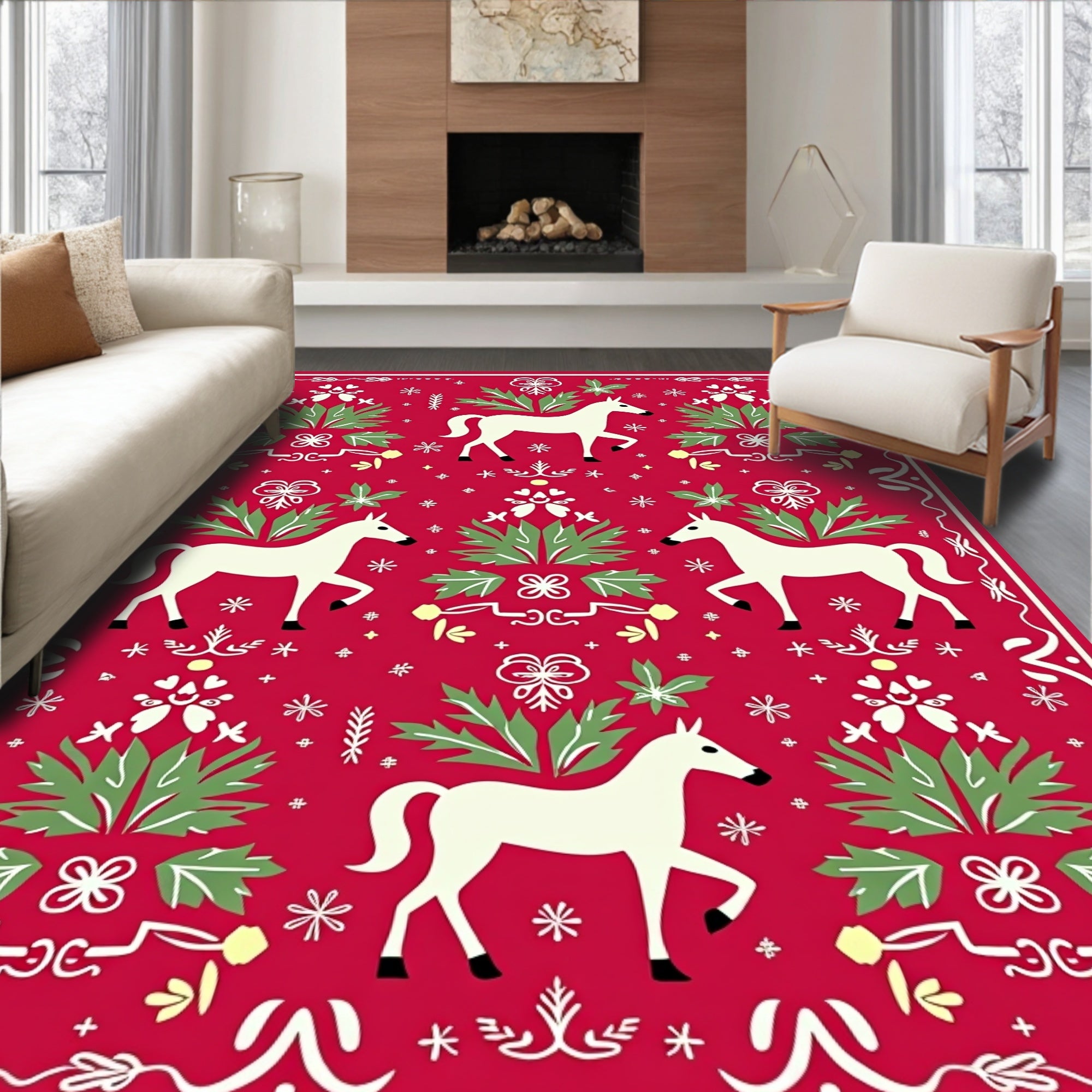 Red White Horse Garden Folk Art Rug