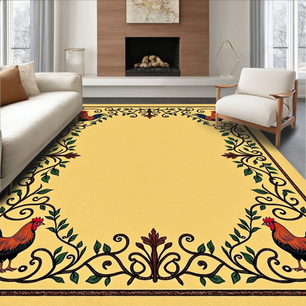 Farmhouse Rooster Floral Border Rug
