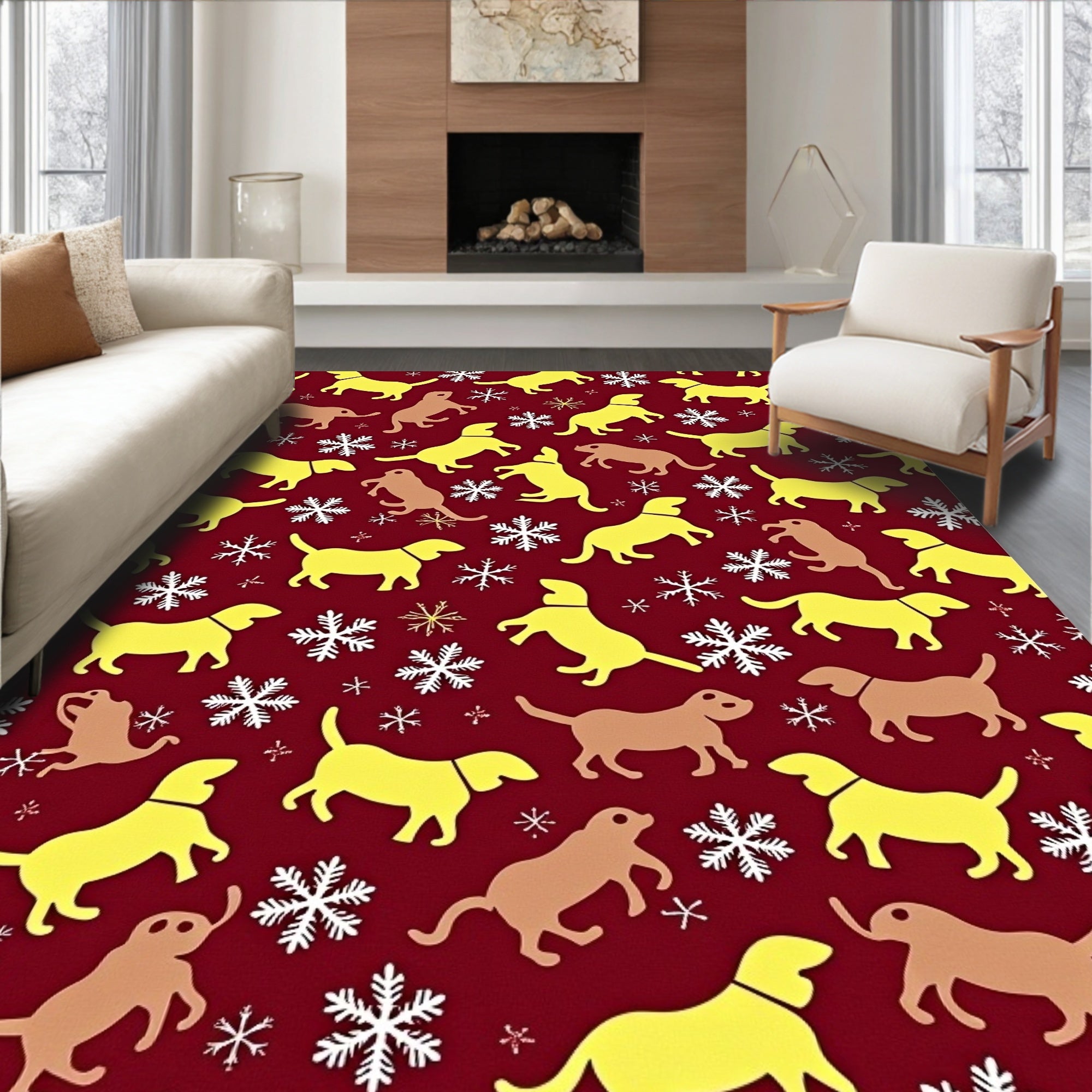 Whimsical Dog Snowflakes Crimson Rug