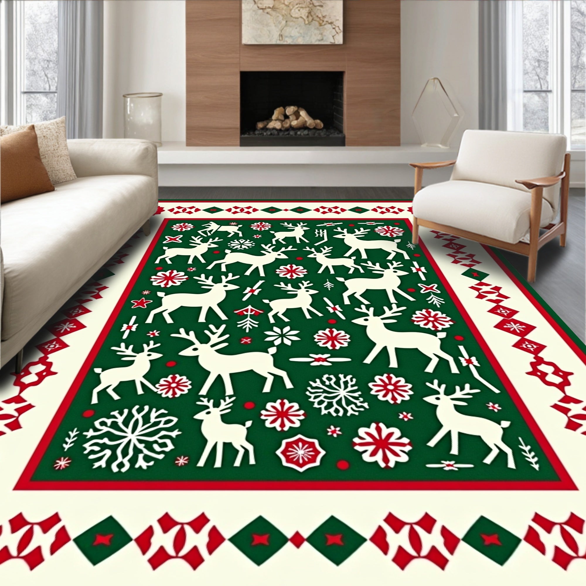 White Reindeer Christmas Festive Border Rug