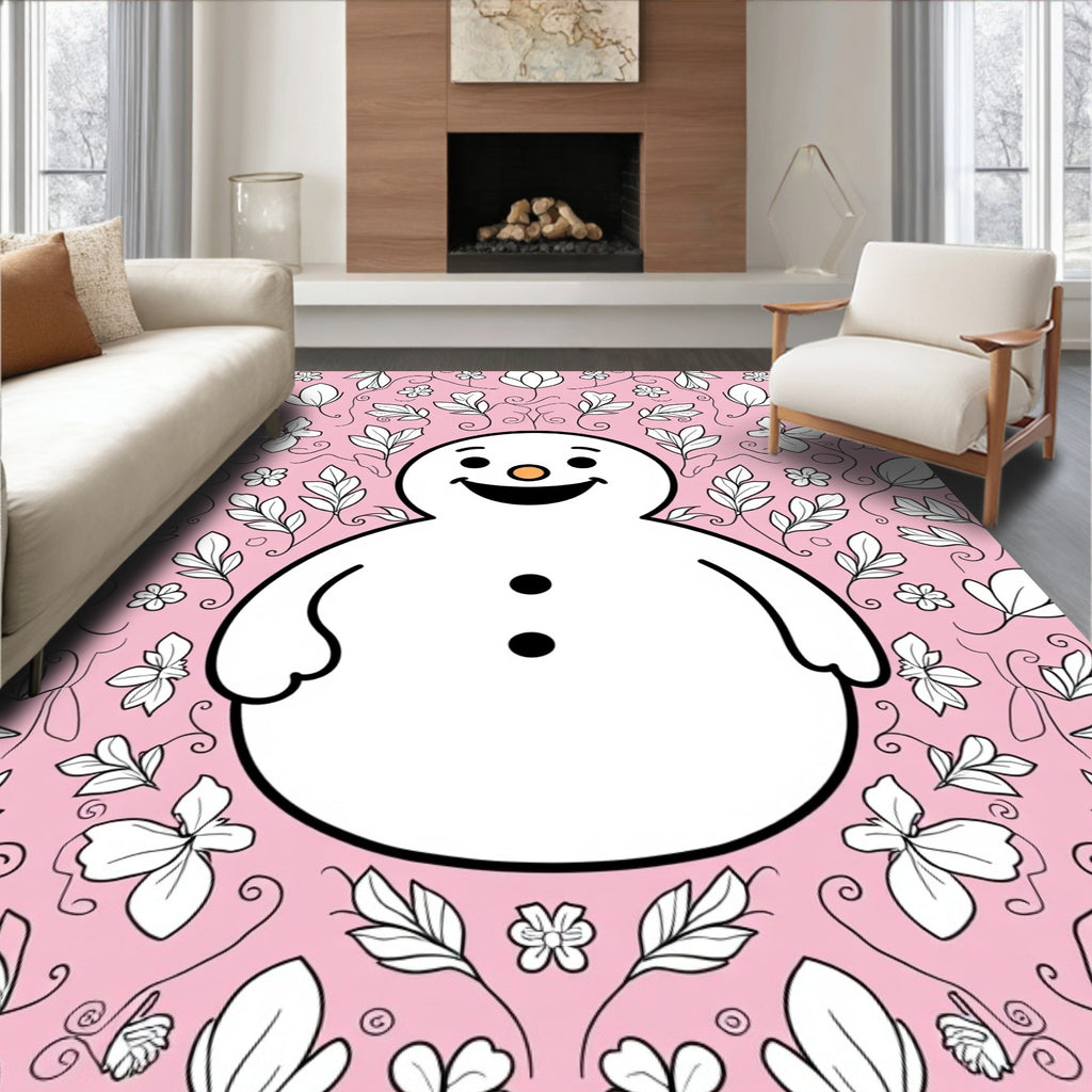 Pink Snowman Floral Whimsical Garden Rug