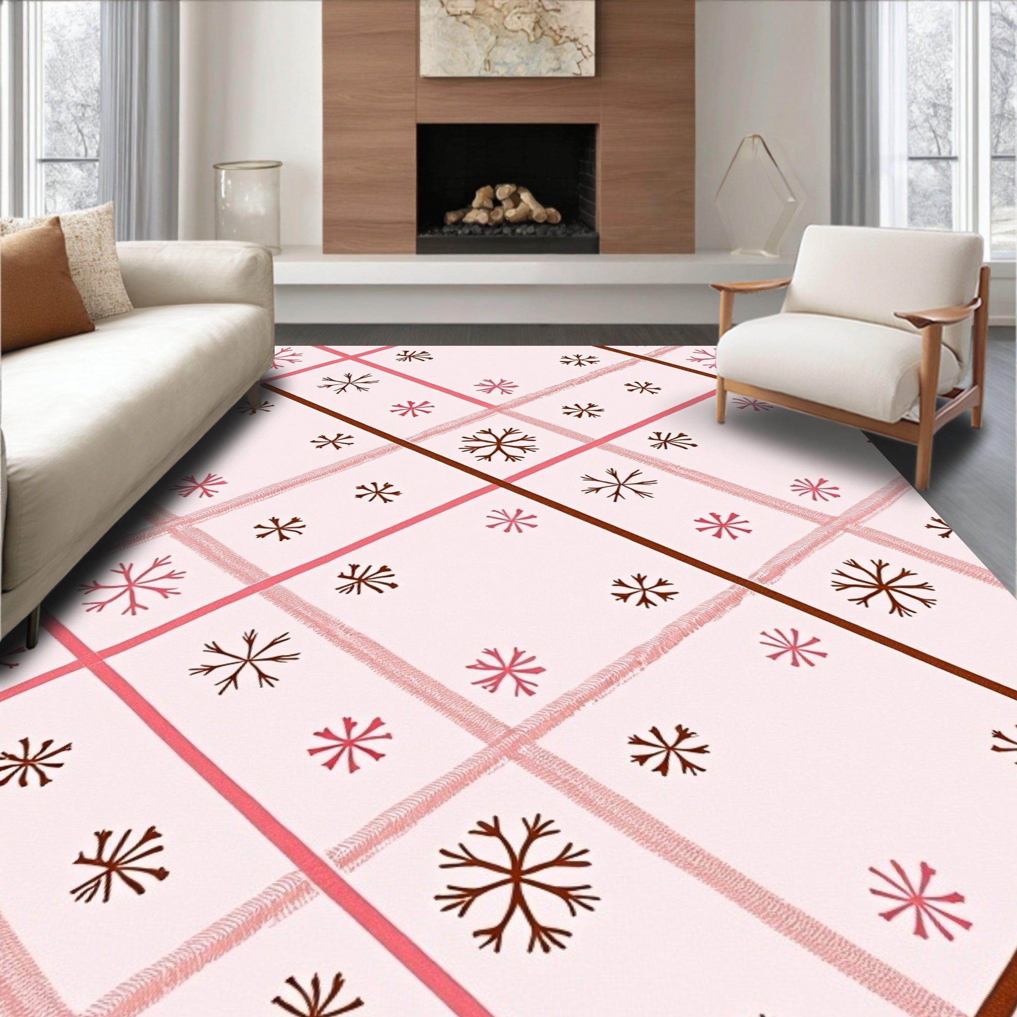 Pink Plaid Snowflake Medallion Rug