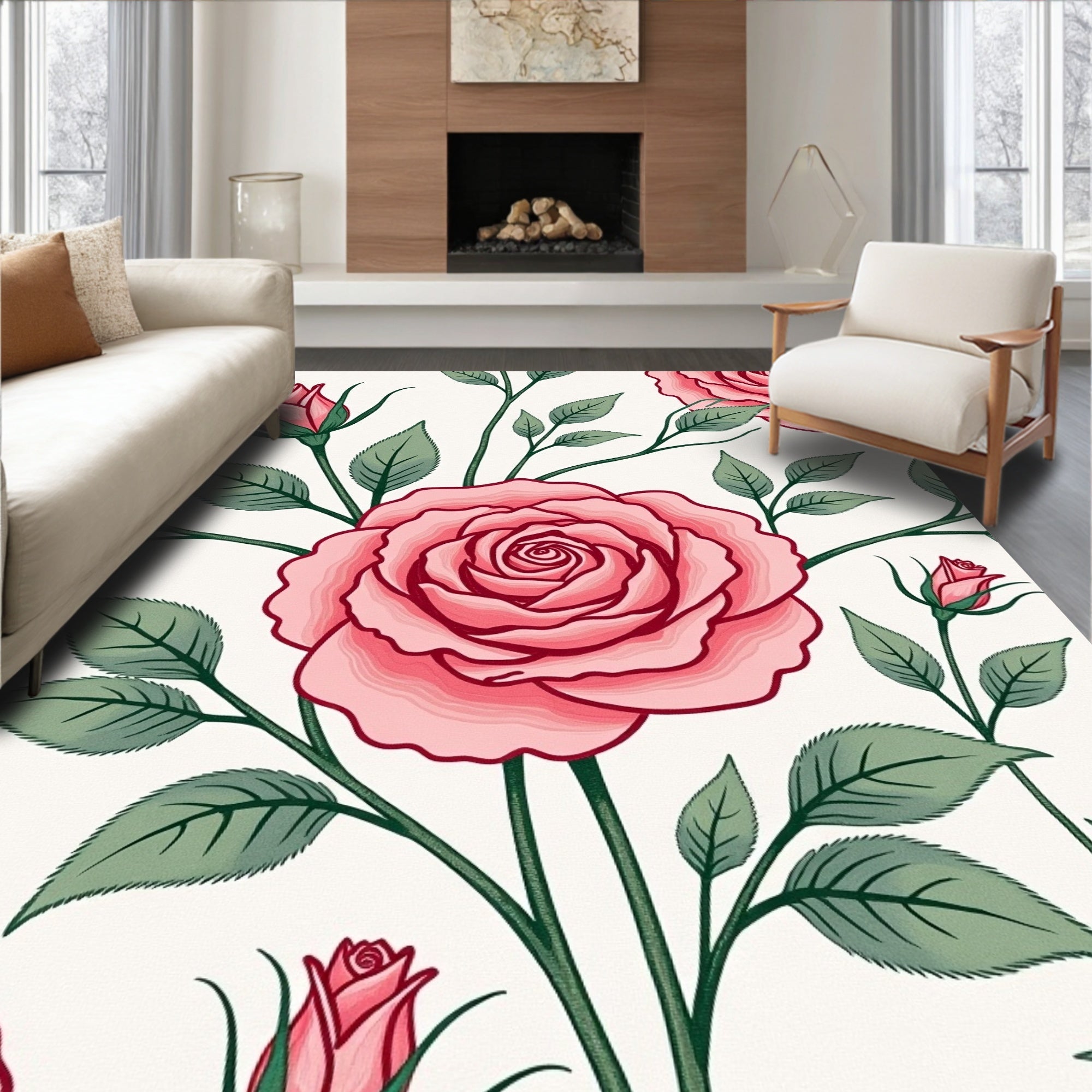 Pink Rose Garden Botanical Arrangement Rug