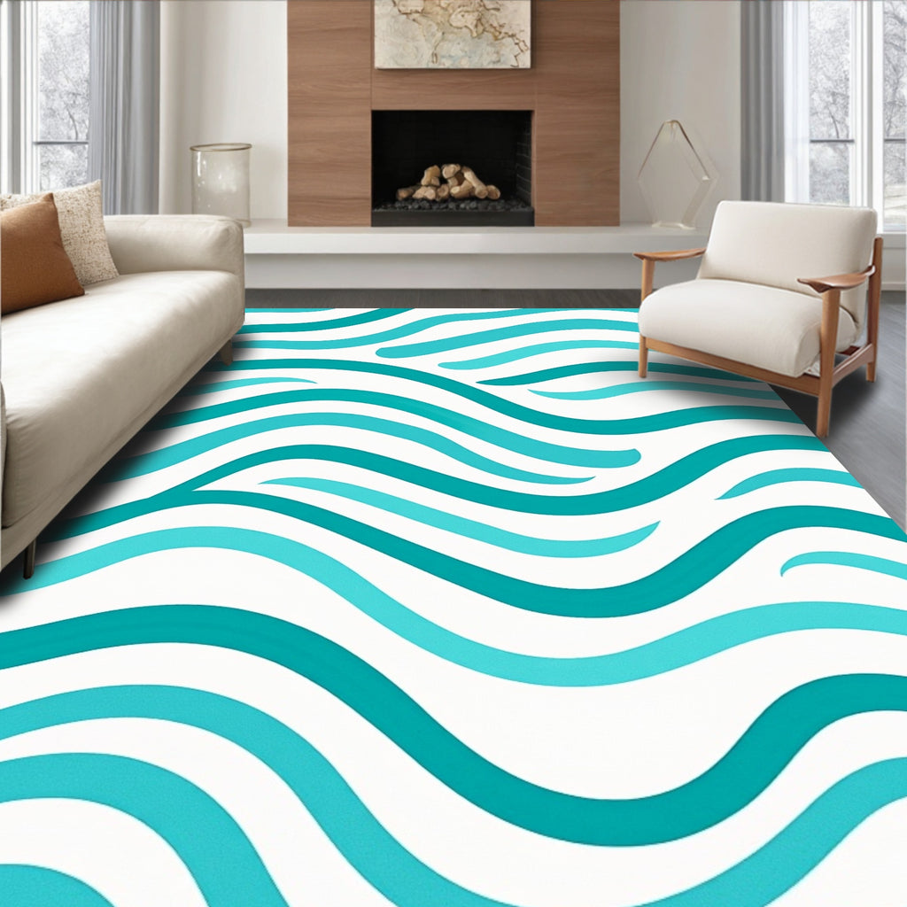 Teal Aqua Wavy Stripes Rug