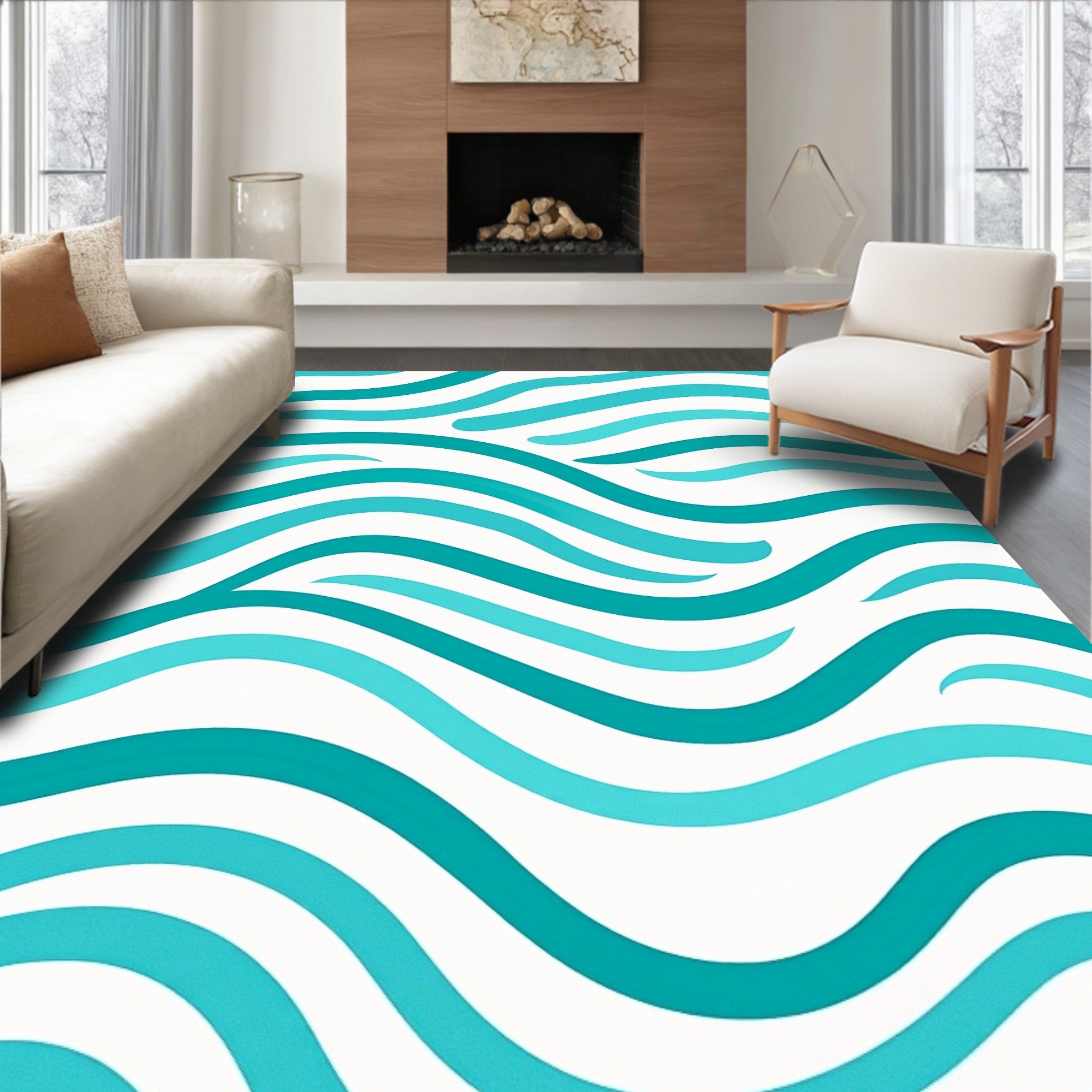 Teal Aqua Wavy Stripes Rug