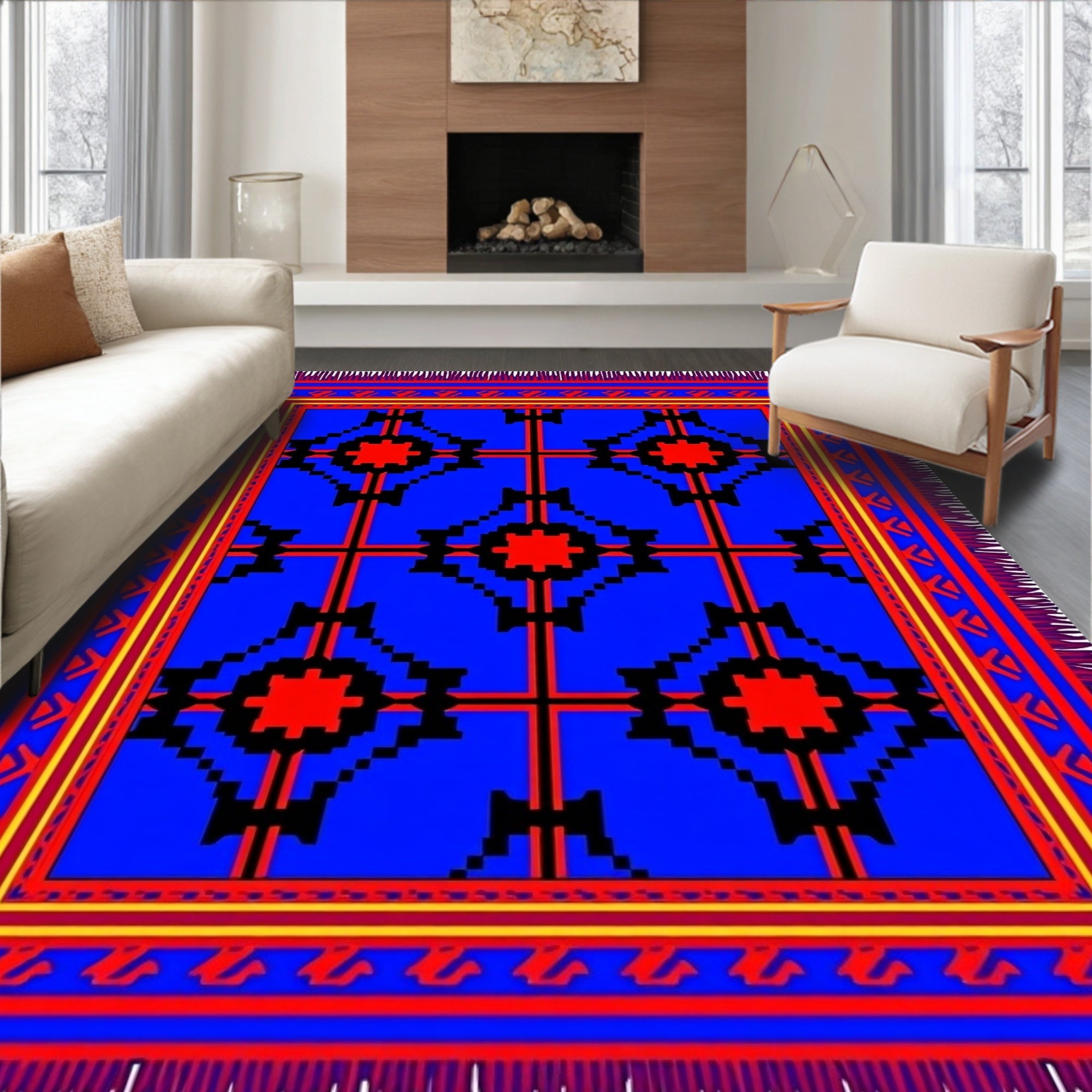 Bold Blue Red Geometric Medallion Rug