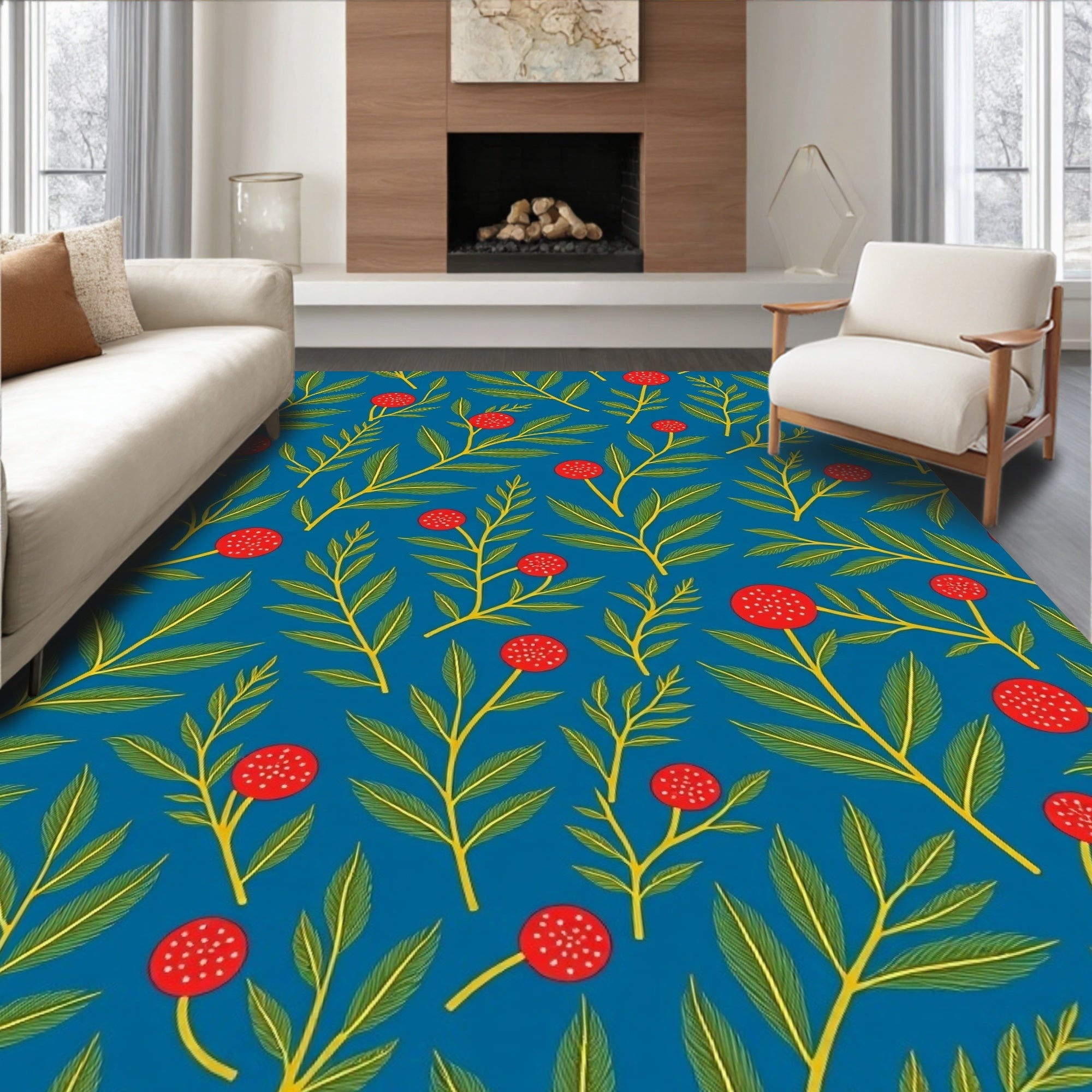 Bold Red Berry Leafy Branch Rug