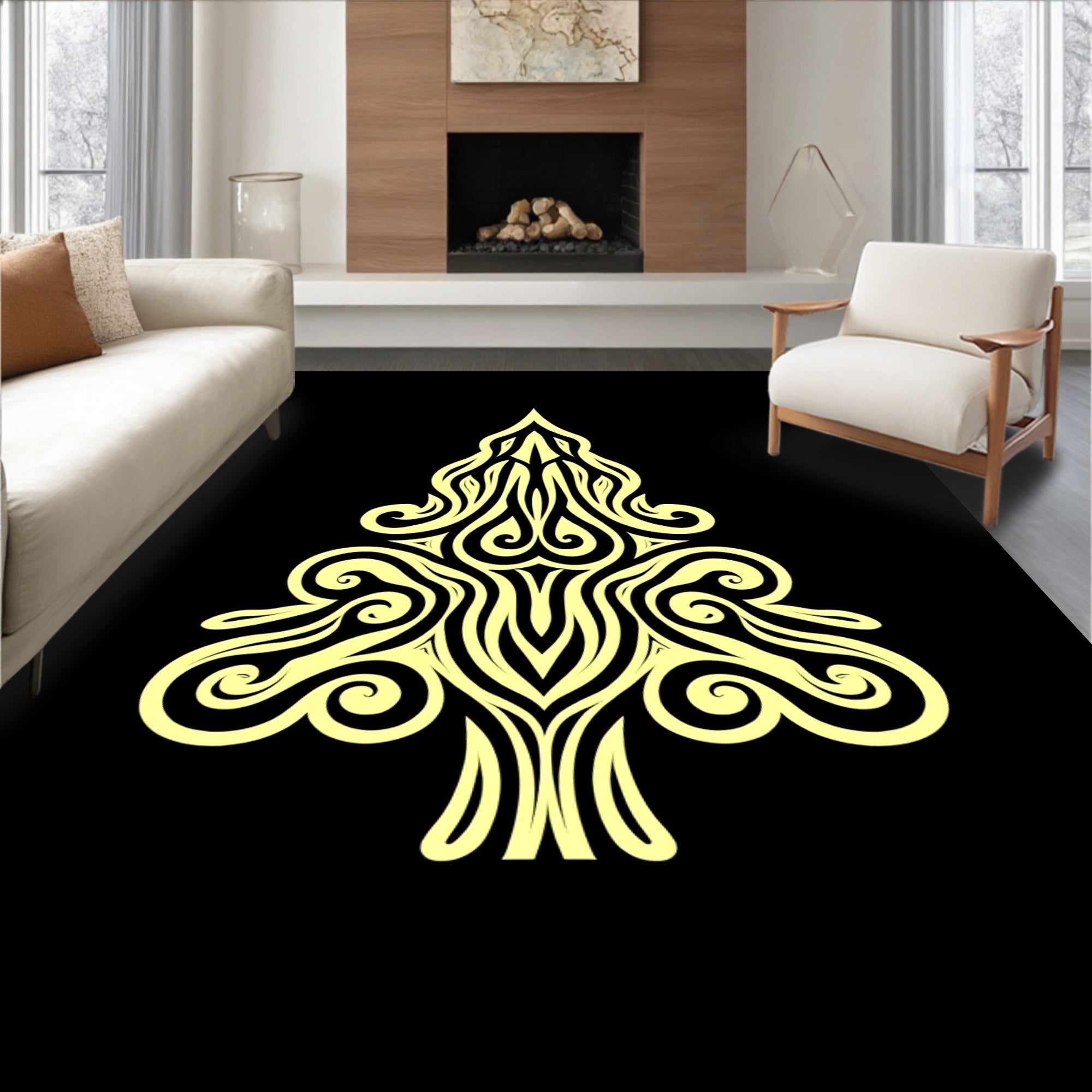 Pale Yellow Tribal Tree Swirls Rug
