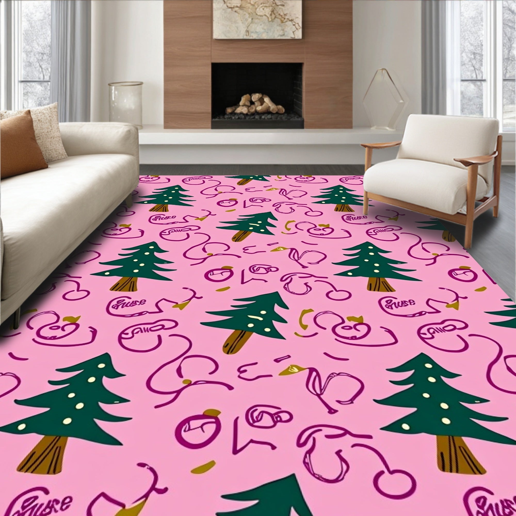 Whimsical Pink Christmas Tree Doodle Rug