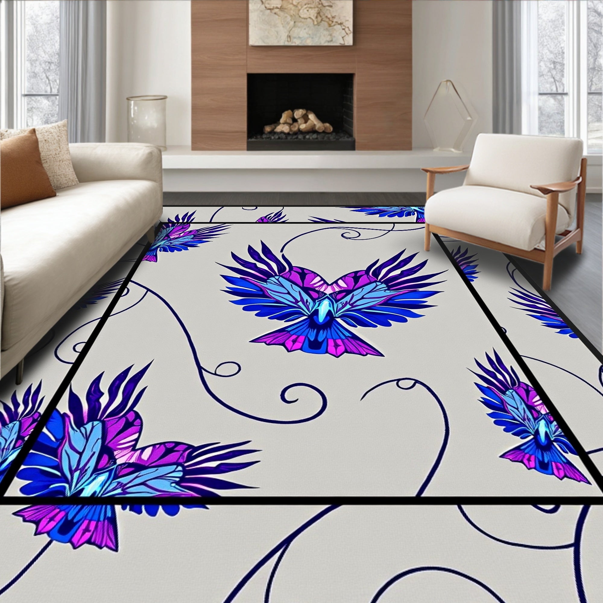 Vibrant Blue Purple Bird Swirls Rug