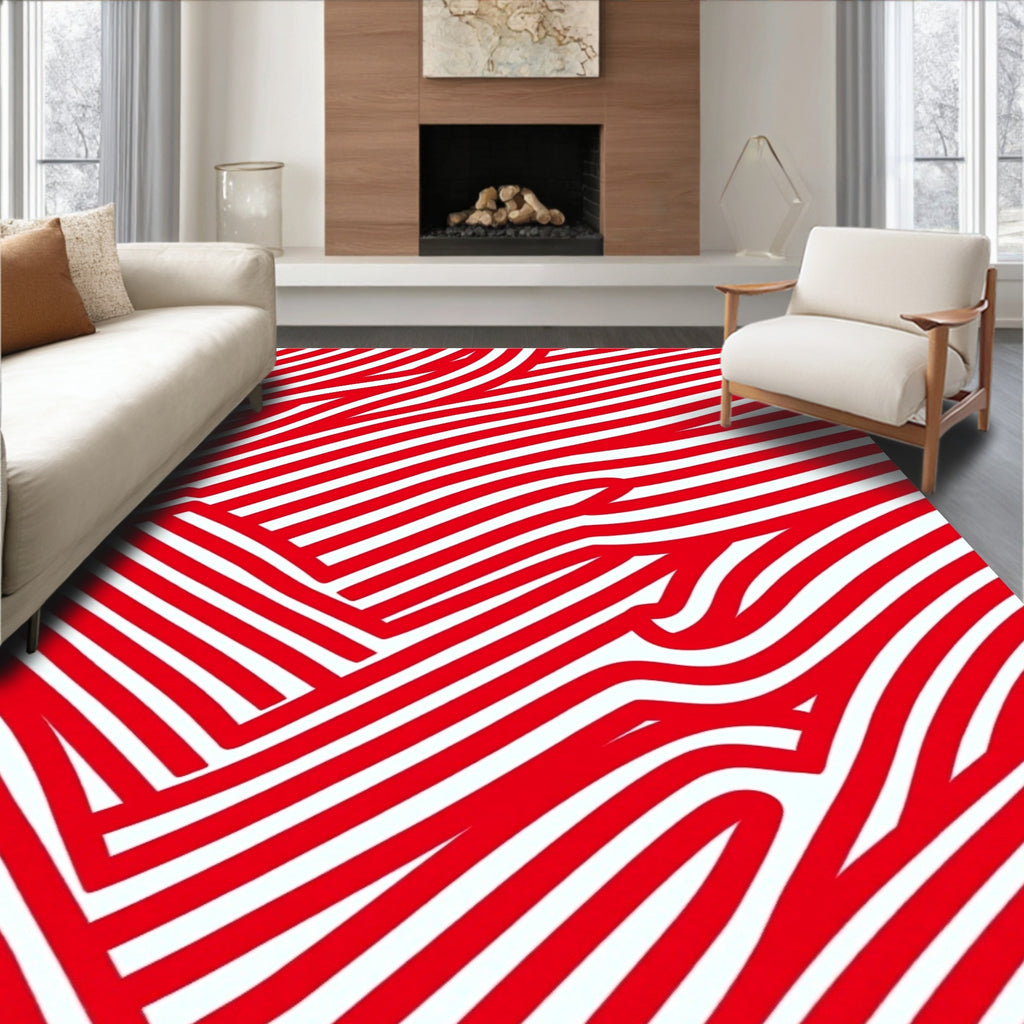 Bold Red White Stripe Curve Rug