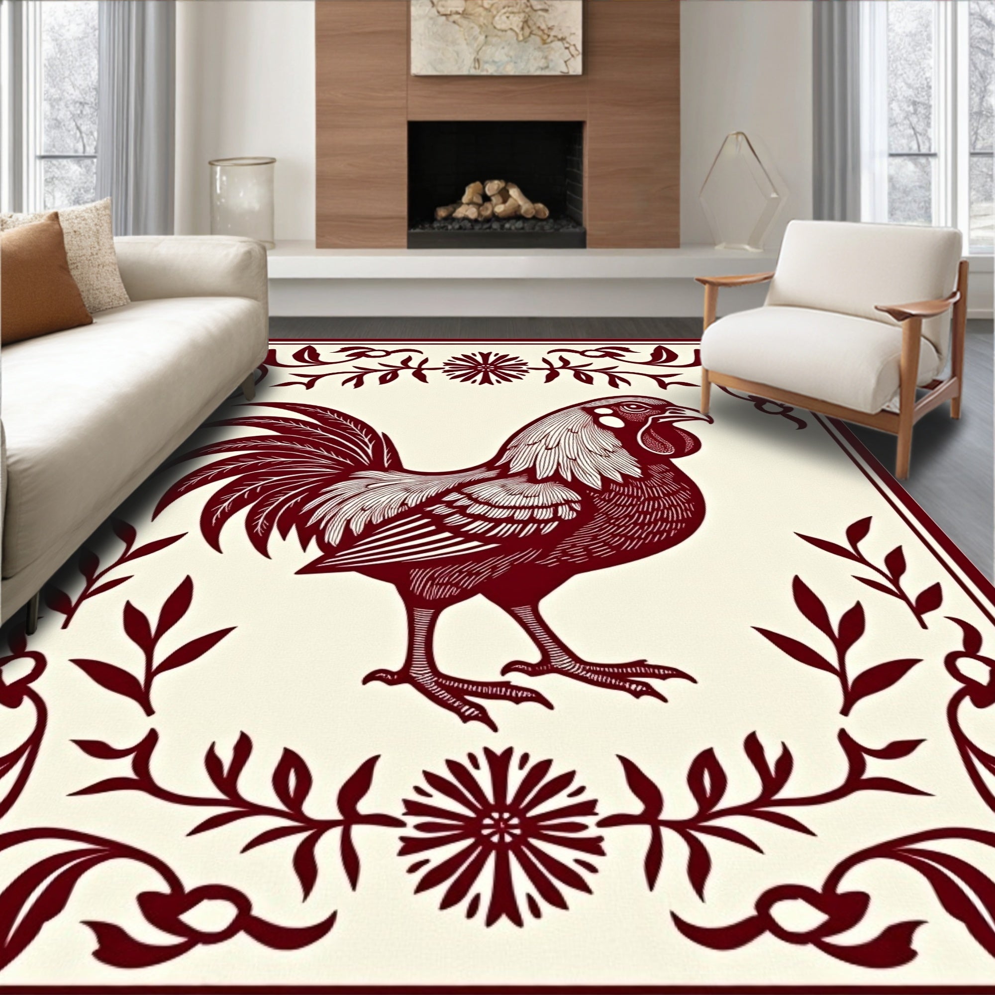 Crimson Rooster Floral Border Rug
