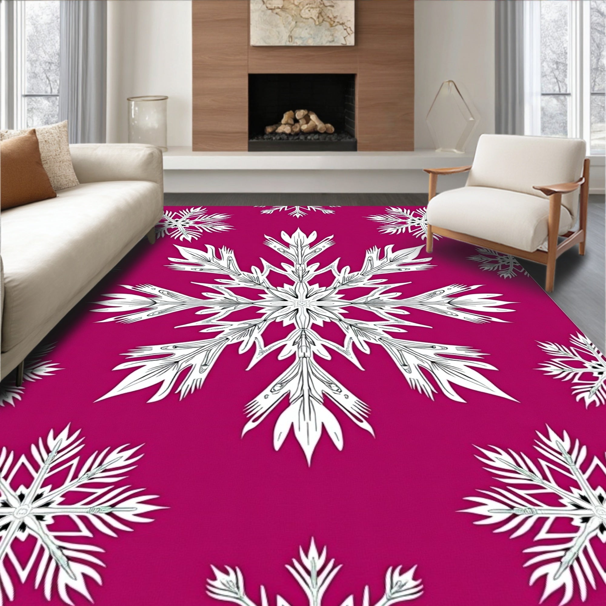 Fuchsia White Snowflake Medallion Rug