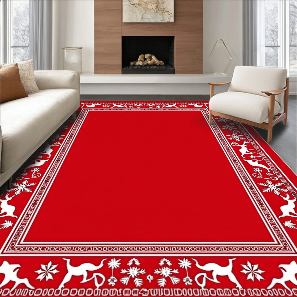 Festive Red White Reindeer Snowflake Border Rug