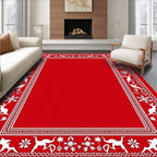 Festive Red White Reindeer Snowflake Border Rug