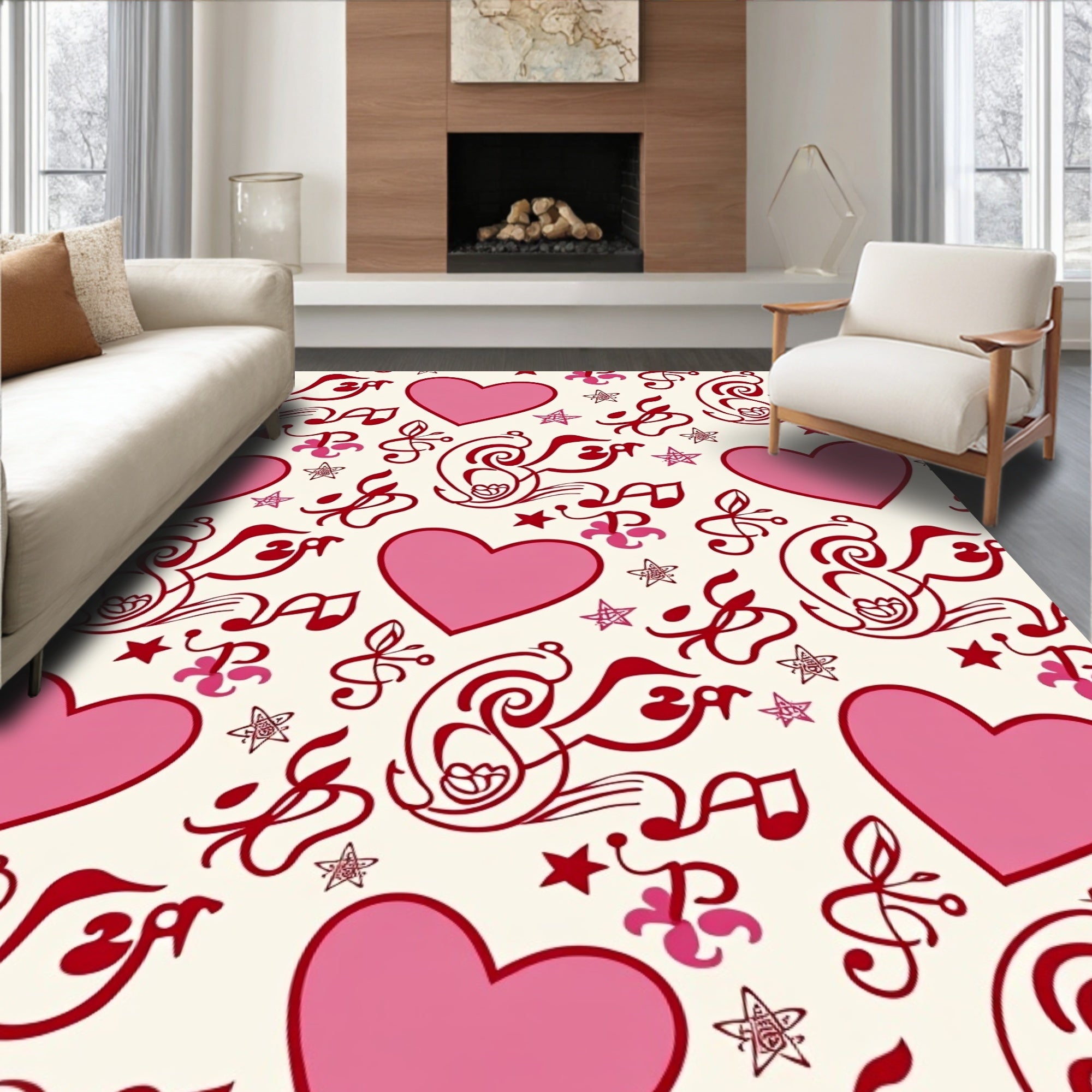 Pink Hearts Musical Notes Swirls Rug