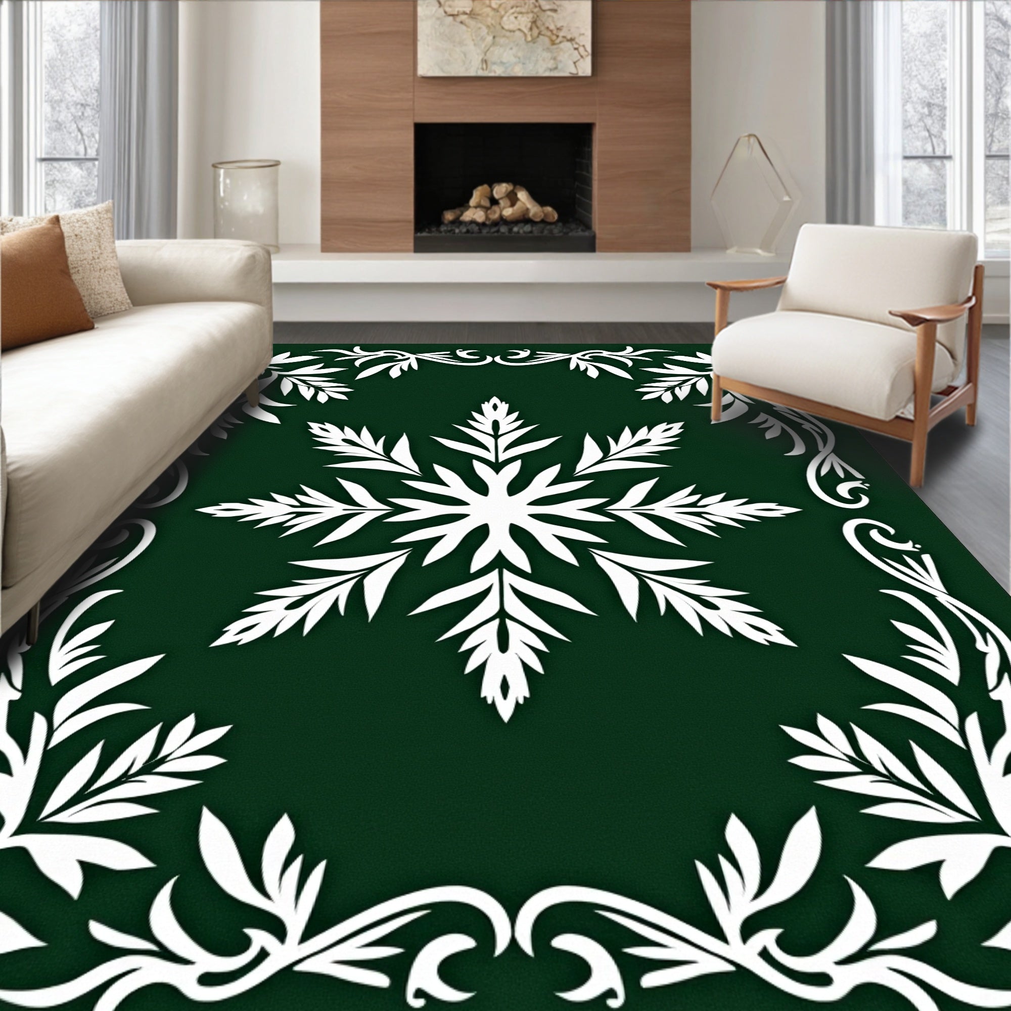 Forest Green Snowflake Floral Border Rug