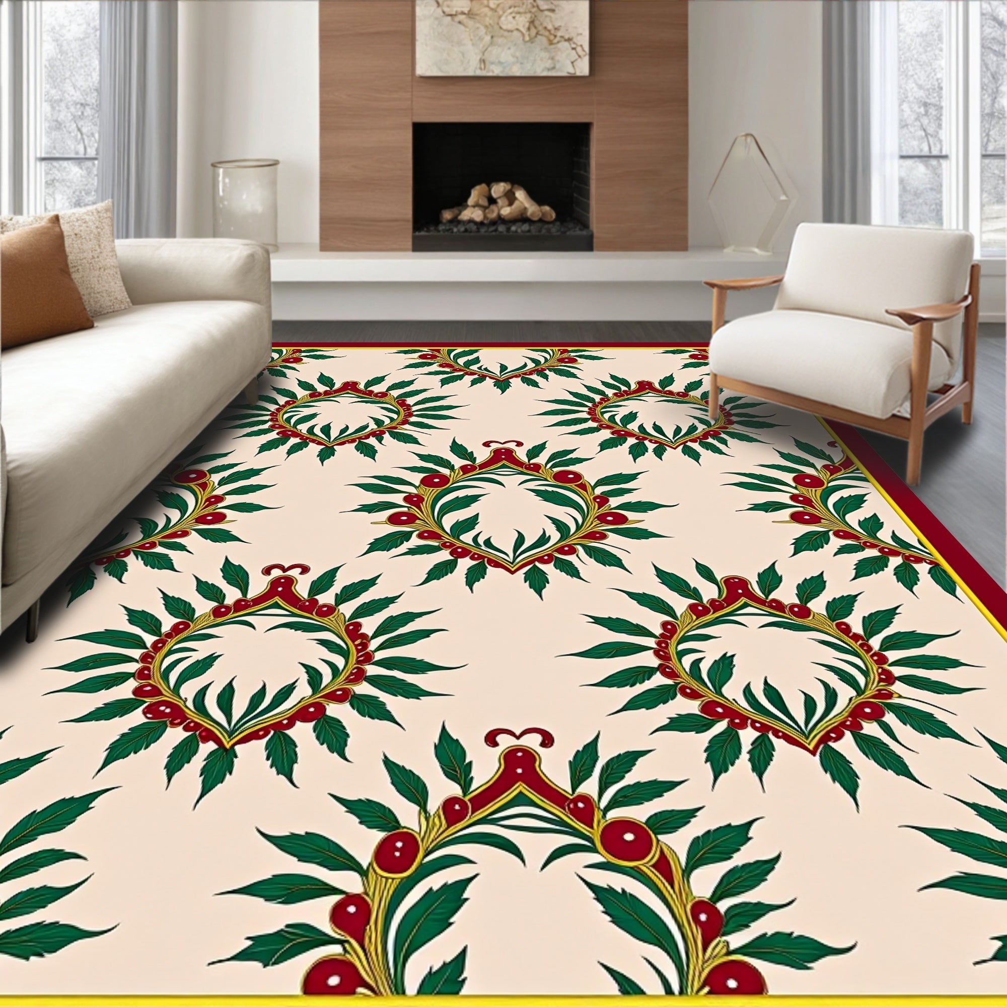 Crimson Leafy Wreath Floral Rug