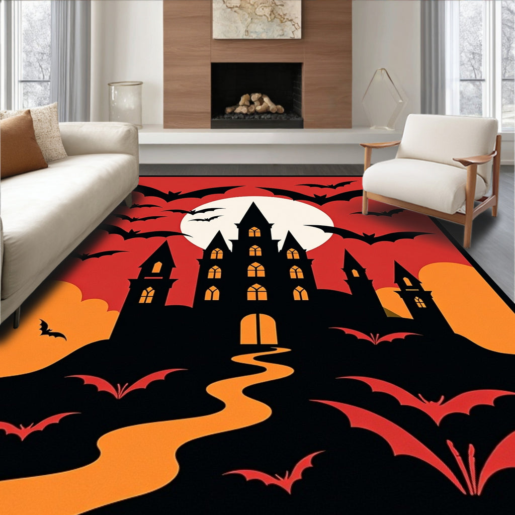 Spooky Black Castle Bats Moonlit Night Rug