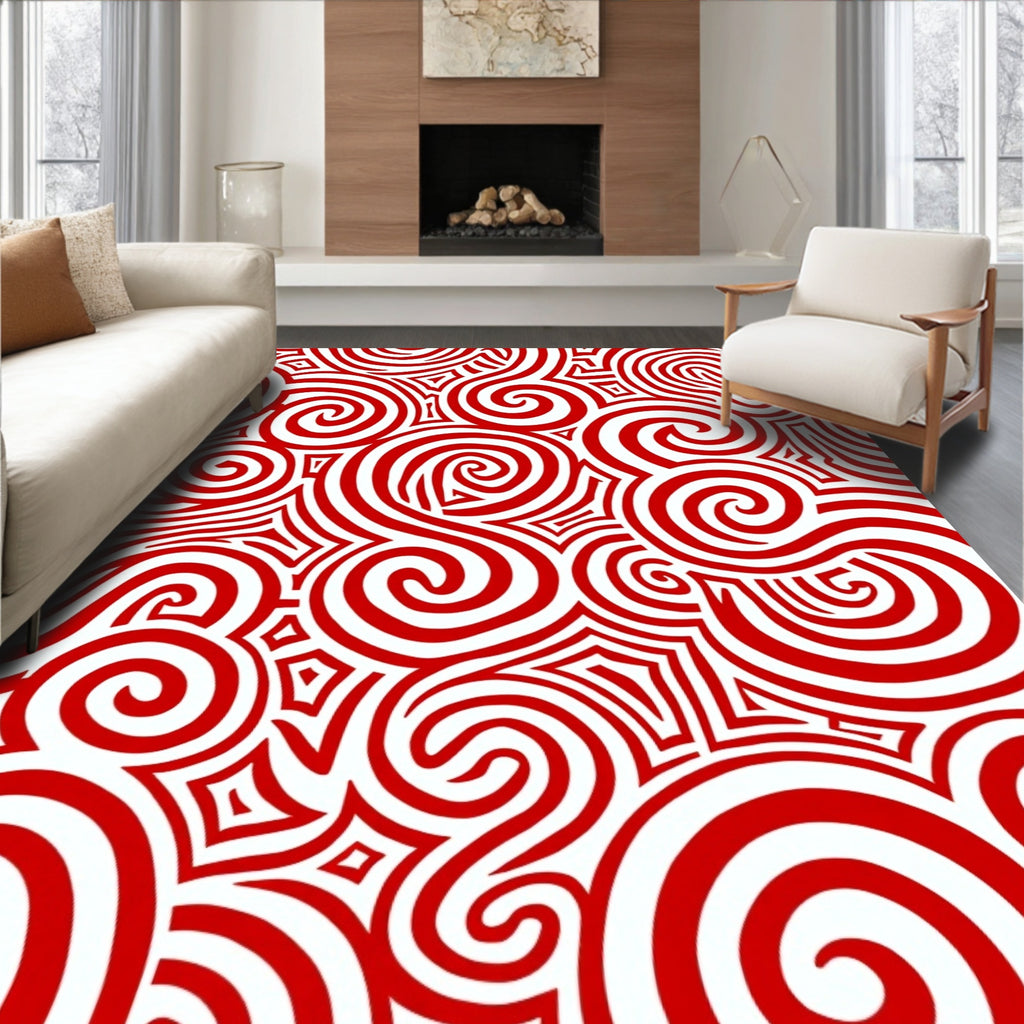 Vibrant Red Swirl Geometric Collage Rug
