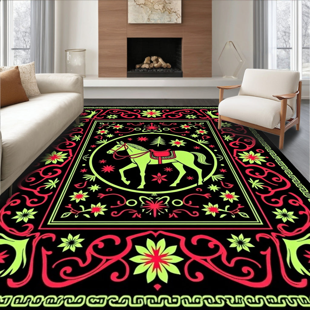 Neon Horse Circle Floral Border Rug