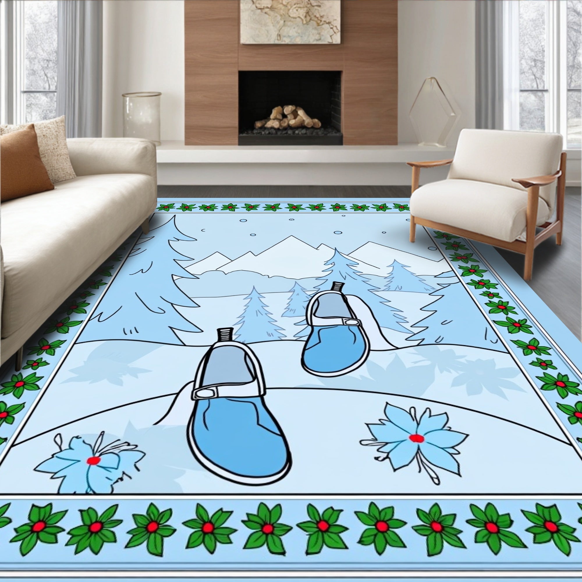Winter Blue Moccasins Snowflake Mountains Snowflakes Rug