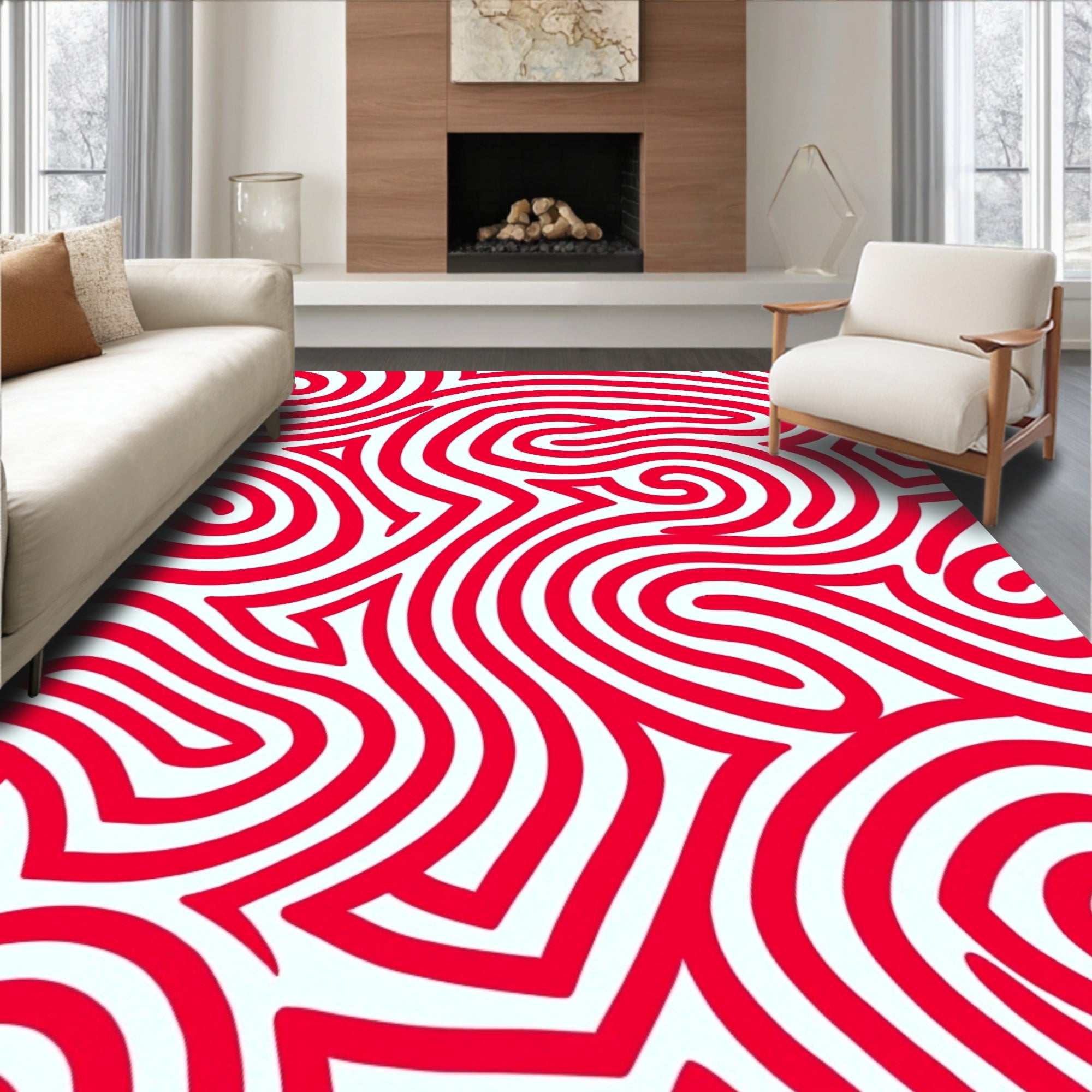 Vibrant Red Swirl Abstract Lines Rug