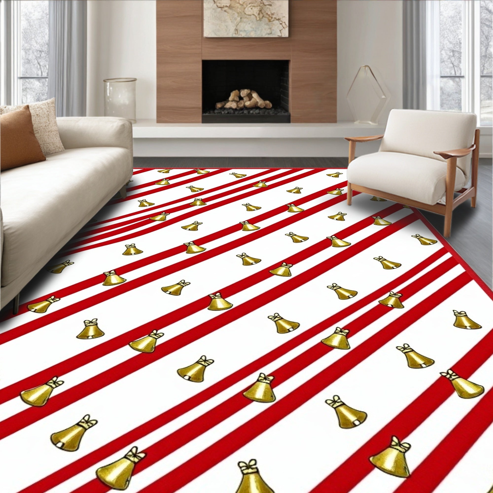 Red White Candy Cane Bell Festive Rug