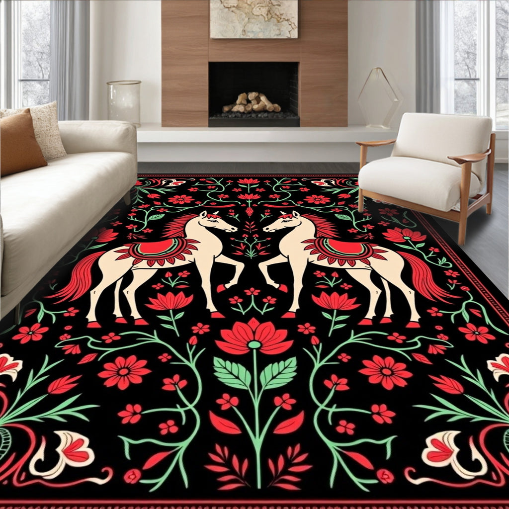 Crimson Horses Floral Border Art Rug
