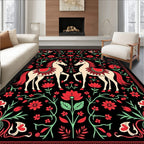 Crimson Horses Floral Border Art Rug