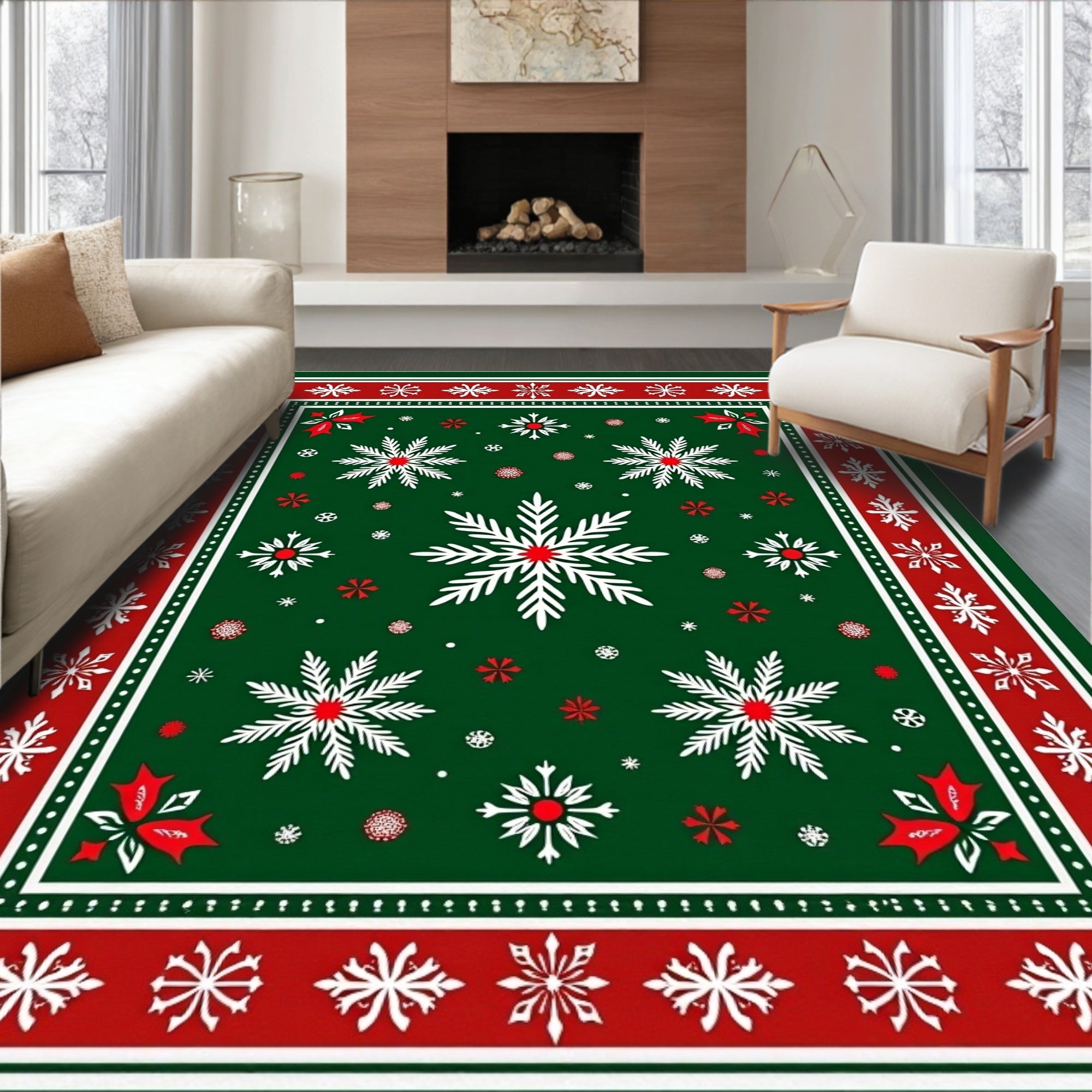 Festive Green White Red Snowflakes Border Rug