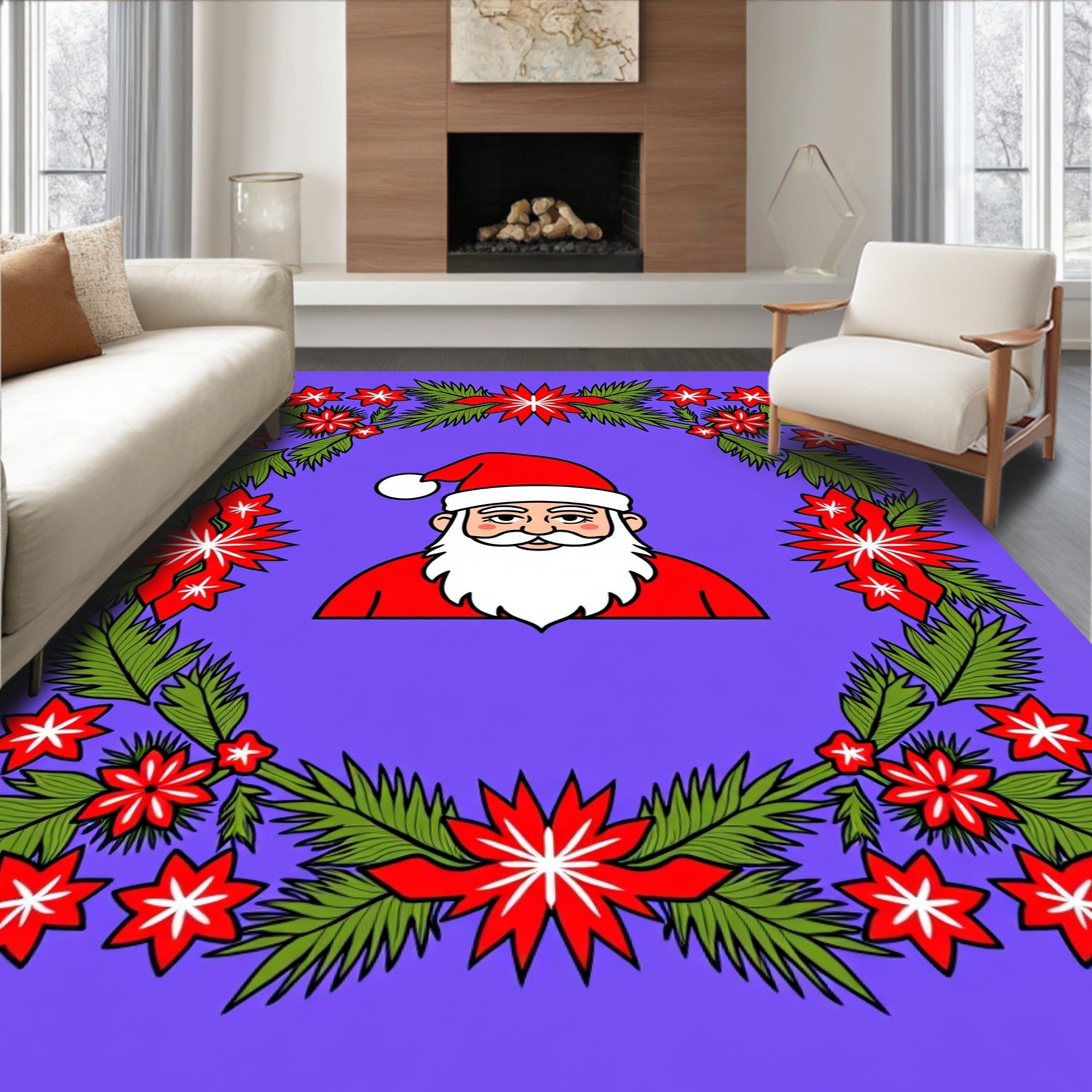 Festive Santa Christmas Floral Garland Rug