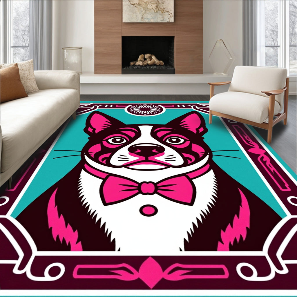 Bold Pink Dog With Teal Frame Rug