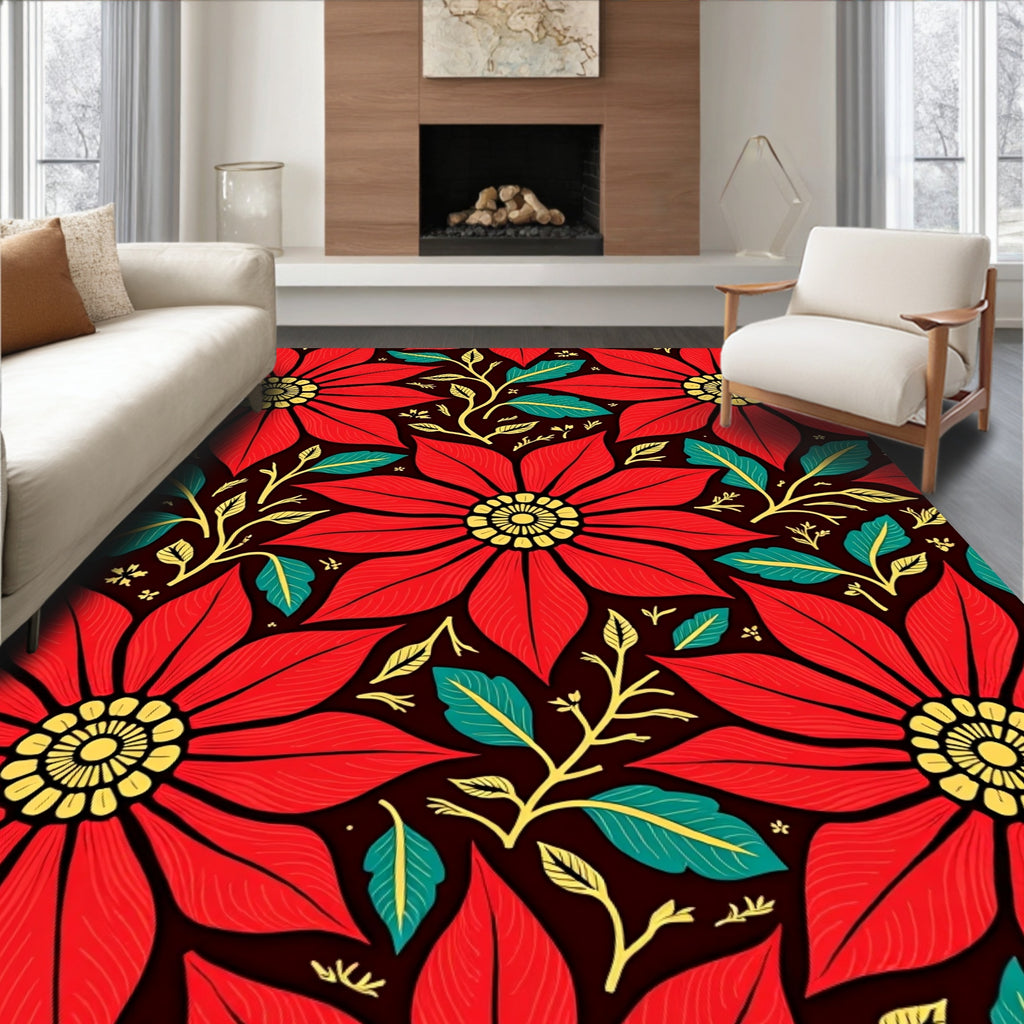 Bold Red Floral Poinsettia Garden Rug