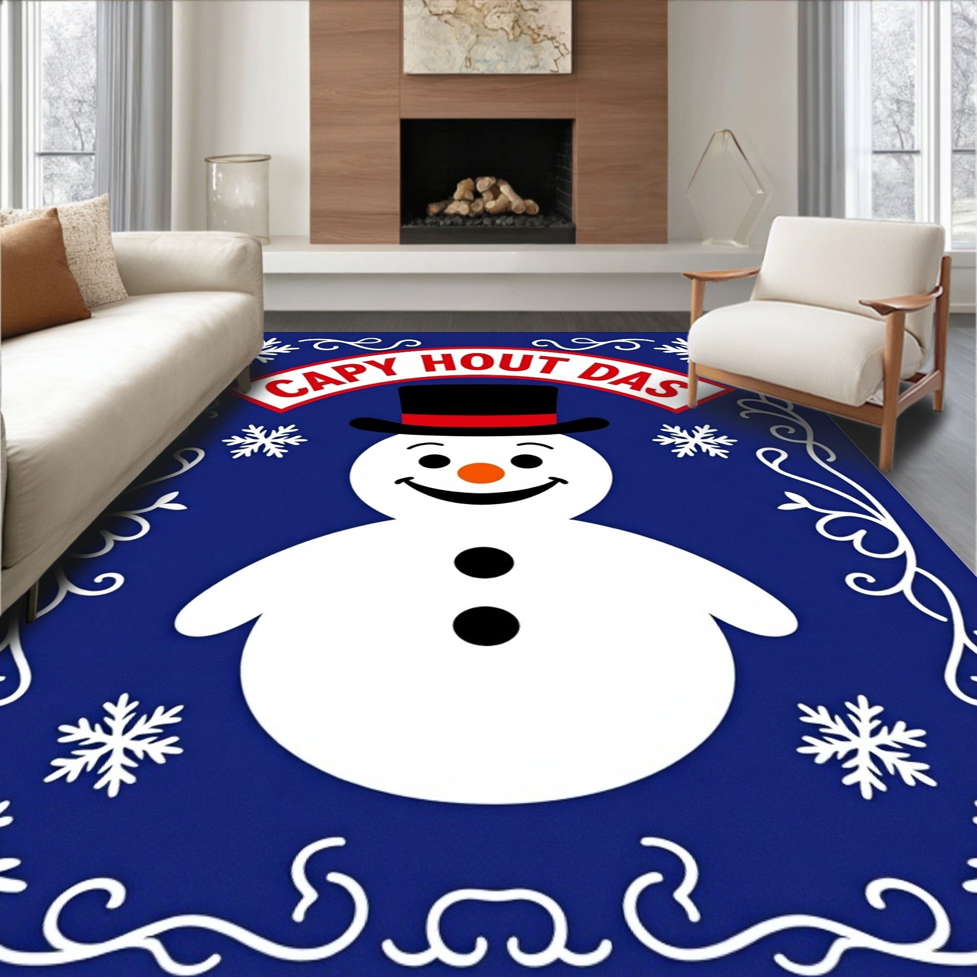 Charming Blue Snowman Snowflake Border Rug