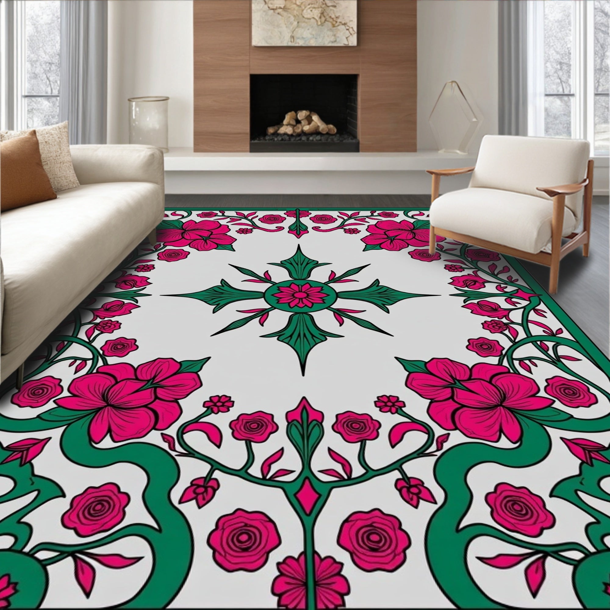 Fuchsia Floral Vines Garden Symmetry Rug