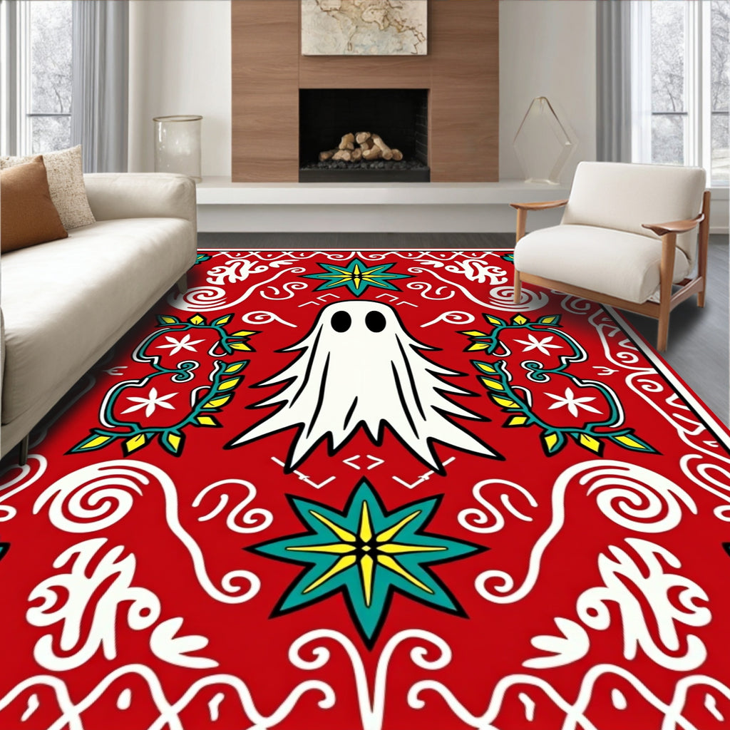 Whimsical White Ghost Festive Red Rug
