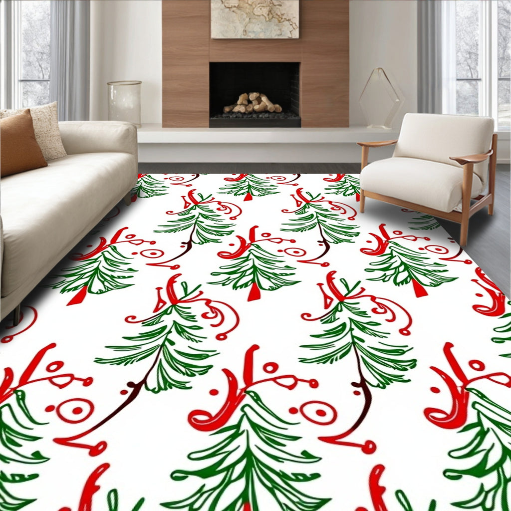 Festive Hand Drawn Christmas Tree Garland Rug