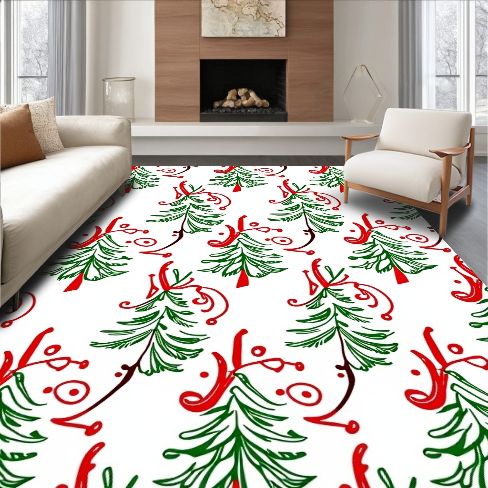 Festive Hand Drawn Christmas Tree Garland Rug